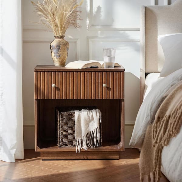 JAYDEN CREATION Jade Walnut 24.25"Tall 1-Drawer Solid Wood Nightstand with Fully Assembled