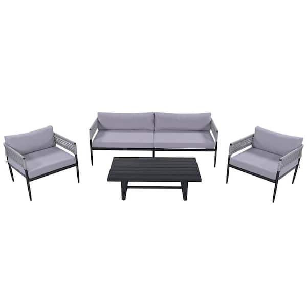 HOTEBIKE 4-Pieces Steel Frame Patio Conversation Set Woven Rope Outdoor Furniture with Table and cushions, Grey