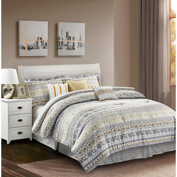 R2Zen Chloe 7-Piece Yellow/Grey Queen Comforter Set