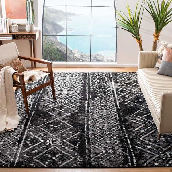 ADirondack Black/Silver 8 ft. x 8 ft. Border Striped Square Area Rug