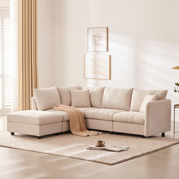 Harper & Bright Designs 89 in. Straight Arm 5 Seat L-Shape Fabric Sectional Sofa in Beige with Vertical Stripes, 2 Pillows, Removable Ottoman