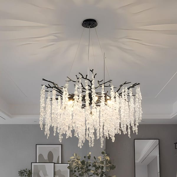 YANSUN 32 in. 10-Light Black Tree Branch Crystal Chandelier Round