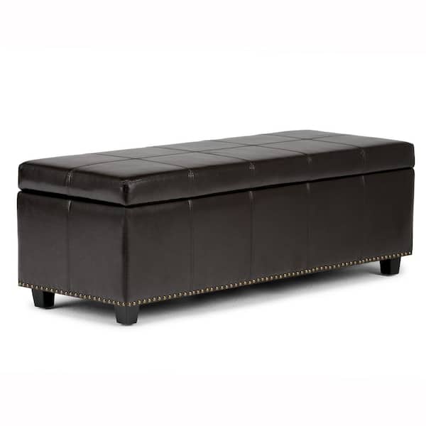 Simpli Home Kingsley 48 in. Transitional Storage Ottoman in Coffee Brown Bonded Leather