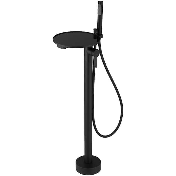 HOMEMYSTIQUE Single Handle Freestanding Tub Faucet with Hand Shower & Storage Tray in Matte Black