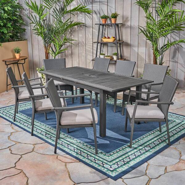 Noble House Davenport Grey 9 Piece Wood and Faux Rattan Outdoor