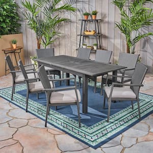 Davenport Grey 9-Piece Wood and Faux Rattan Outdoor Dining Set with Grey Cushions