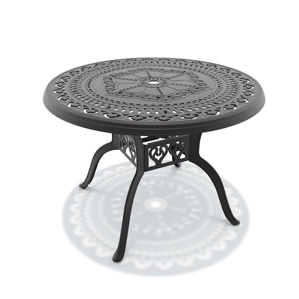 Black Round Cast Aluminum Outdoor Patio Dining Table with Umbrella Hole
