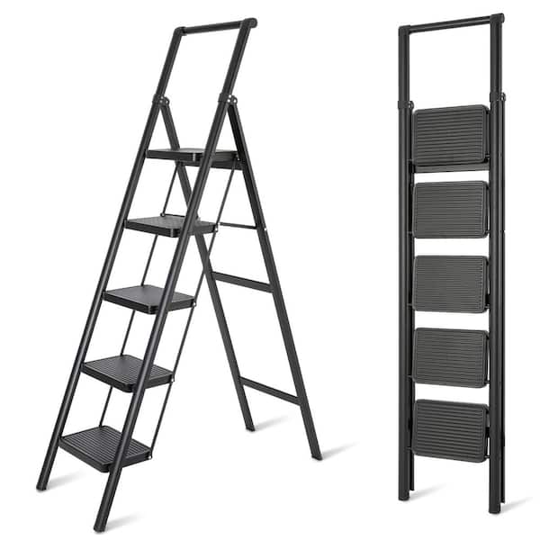Huluwat Black Metal Foldable Non-Slip 5-Step ladder 5 ft. Reach, Load-Bearing 330 lbs., Suitable For Home Office Step Ladder