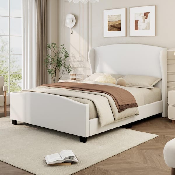 Harper & Bright Designs Beige Wood Frame King Size Linen Upholstered Platform Bed with 51.2 in. H Wingback Headboard