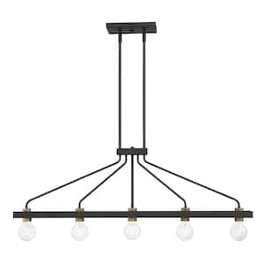 Ravella 5-Light Mid-Century Black Chandelier with Old Satin Brass Accents For Dining Rooms