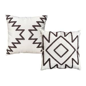 White and Gray 17 in. x 17 in. Square Cotton Modern Geometric Aztec Design Embroidery Accent Throw Pillow (Set of 2)