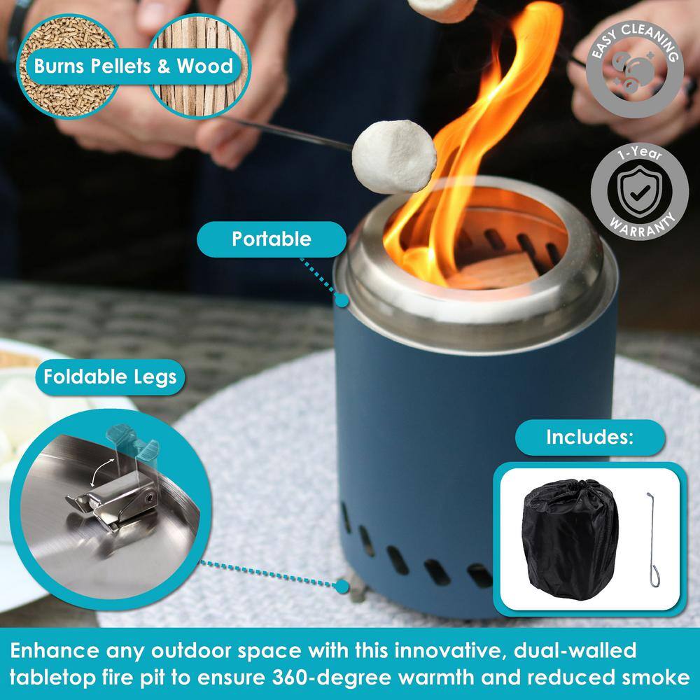 Blue Stainless Steel Tabletop Smokeless Fire Pit with Foldable Legs