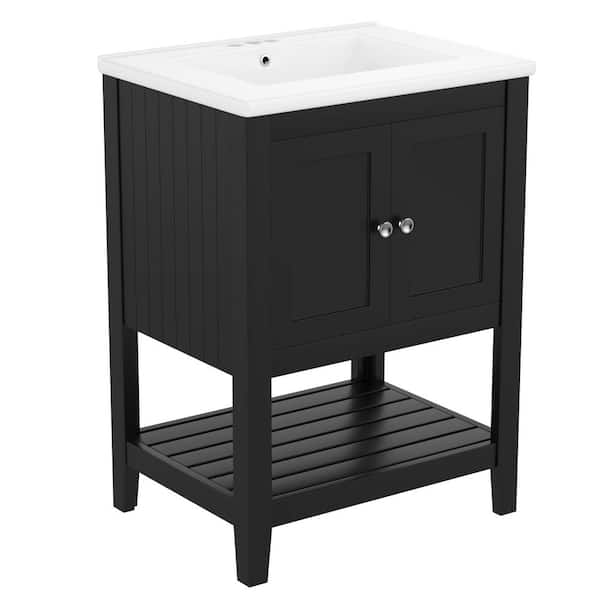 24 in. Single Sink Freestanding Black Bath Vanity with White Ceramic Top, Solid Wood Frame, and Open Shelf, Assembled