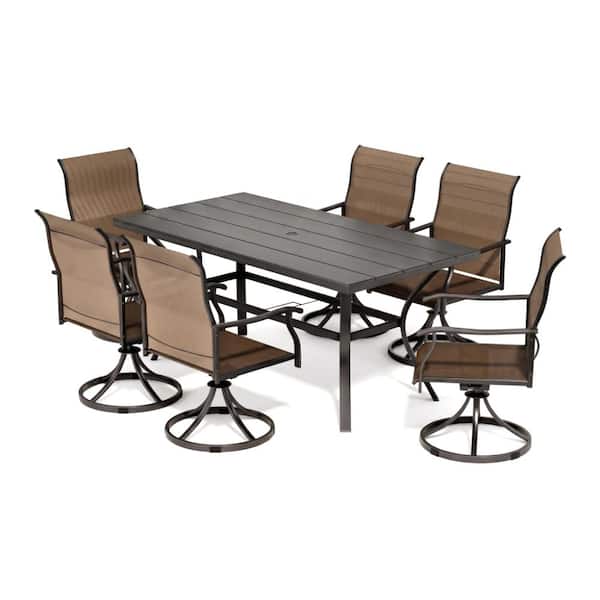 7 Piece Outdoor Patio Dining Set with 6 Swivel Dining Chairs & 1 Large Dining Table-Brown Textilene Fabric