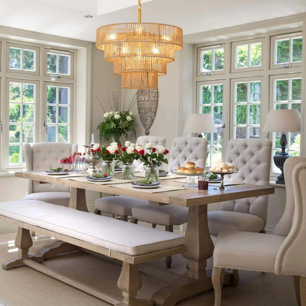 Brass and Rattan Tiered Geometric Pendant Light