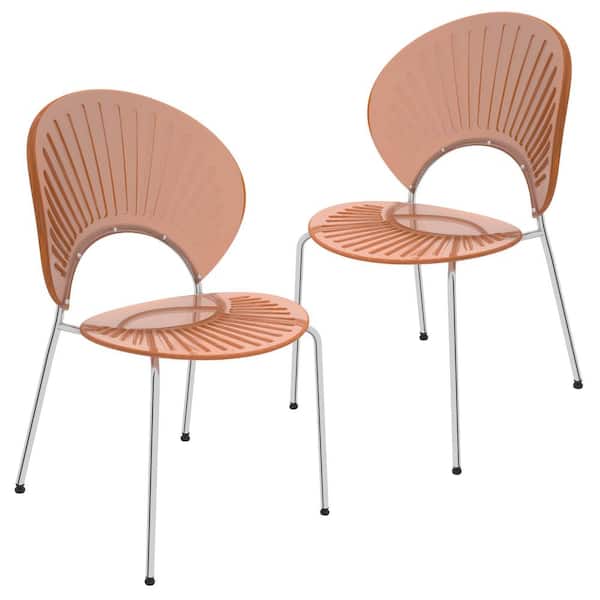 Leisuremod Opulent Mid Century Modern Plastic Dining Chair in Chrome Metal Legs Armless Set of 2, Amber