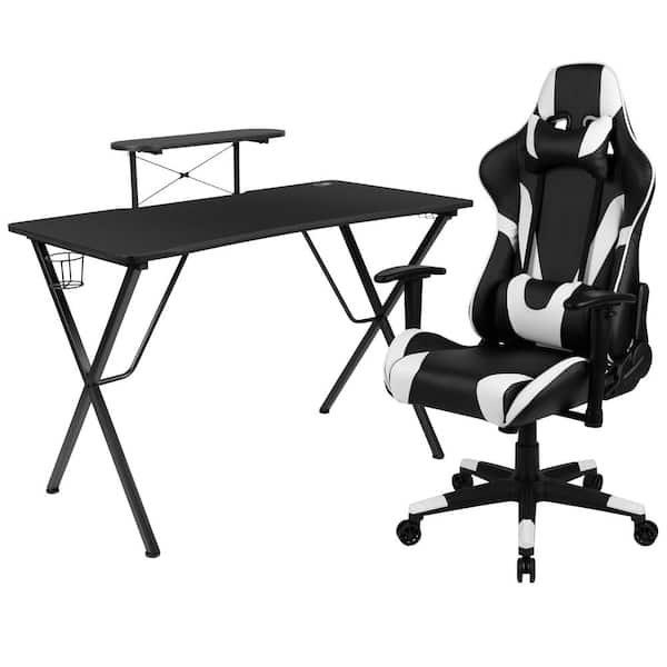 Carnegy Avenue 51.5 in. Rectangular Black Computer Desk with White Racing Game Chair