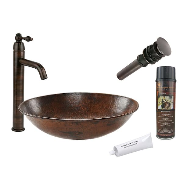 Premier Copper Products All-in-One Oval Wired Rimmed Vessel Hammered Copper Bathroom Sink in Oil Rubbed Bronze