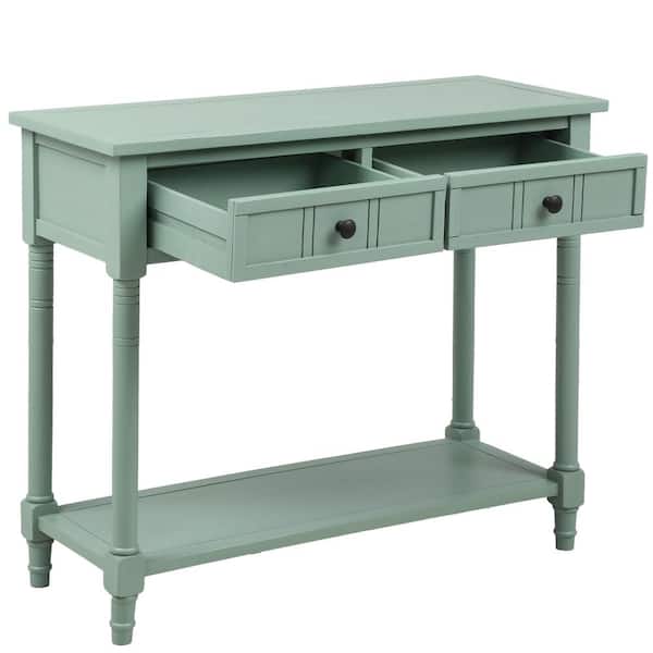 Polibi 35.43 in. Retro Blue Rectangle Wood Console Table with Two Drawers and Bottom Shelf Acacia Mangium Retro blue
