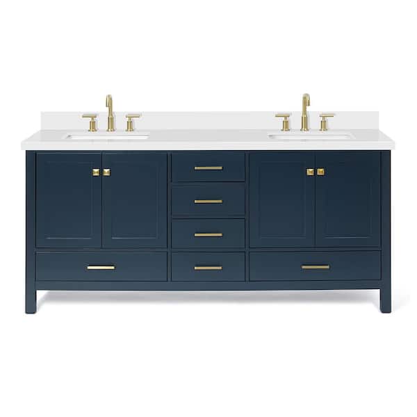 Cambridge 72 in. Double Sink Freestanding Bathroom Vanity in Midnight Blue with Pure White Quartz Top