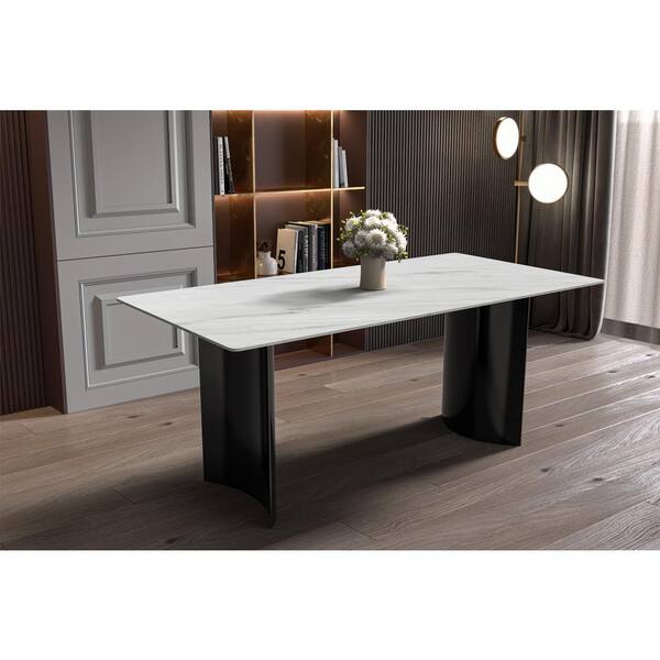 Leisuremod Zara Modern 55 in. Rectangular Dining Table with Sintered Stone Top and Curved Stainless Steel Base (White)