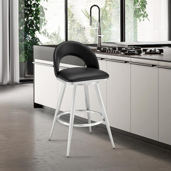 Armen Living Lottech 34 in. Black/Brushed Stainless Steel Stainless Steel 26 in. Bar Stool with Faux Leather Seat