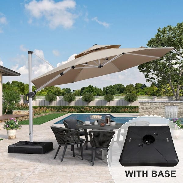 12 ft. Octagon High-Quality Aluminum Polyester Outdoor Patio Umbrella Cantilever Umbrella with Base, Beige