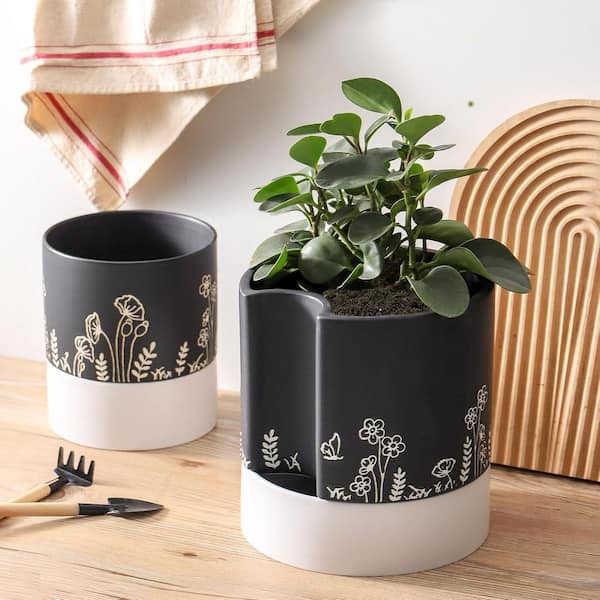 鉢・プランター CERADEMIC POT black spicygem x botanize Black Ceramic Indoor/Outdoor Planter with Saucer (6.5 in. W x 6.6