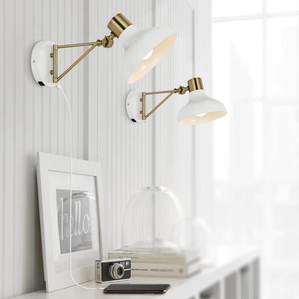 White and Brass Gold Iron Swing Arm Wall Sconce with USB Charging Port