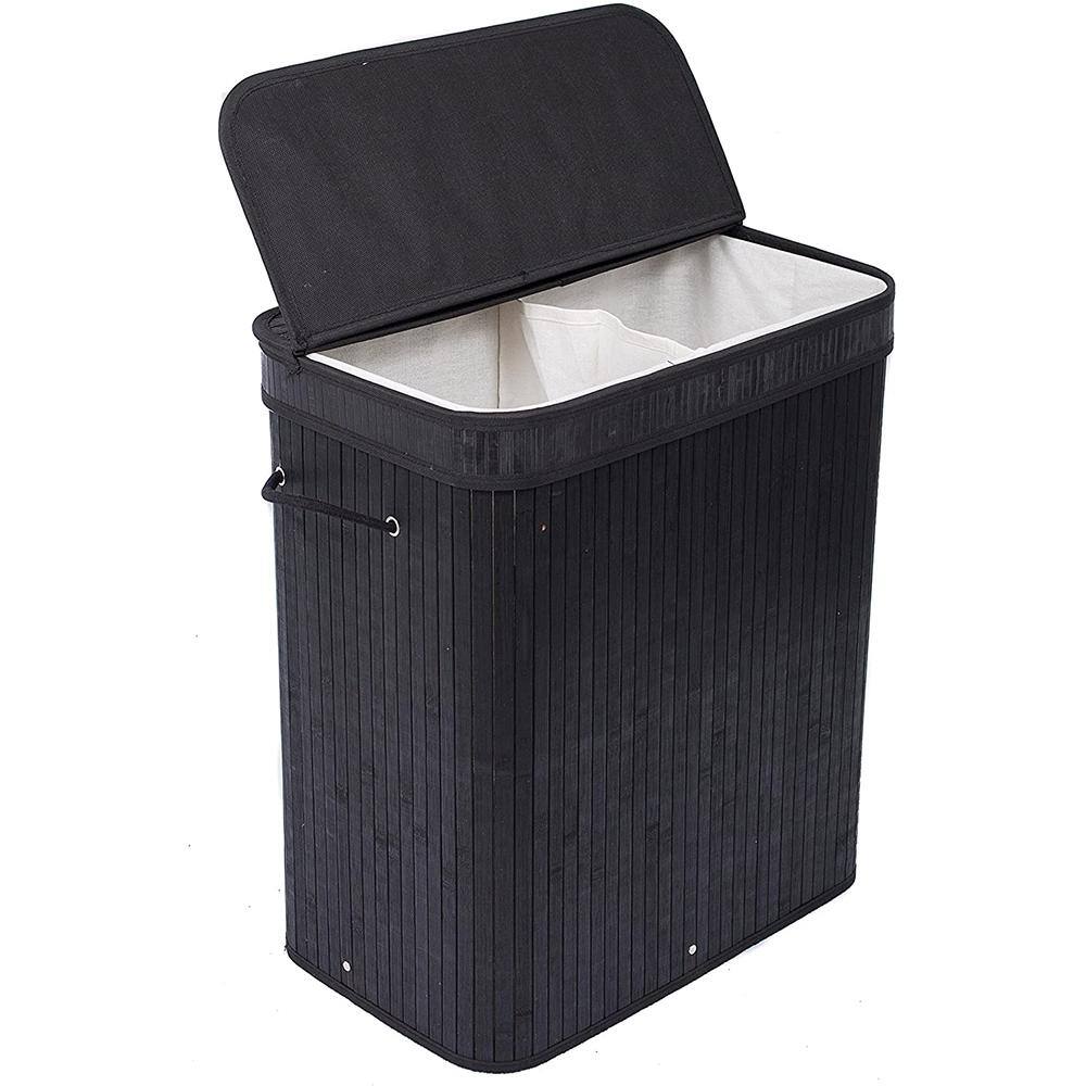 BirdRock Home Black Bamboo Double Laundry Hamper with Lid and Cloth
