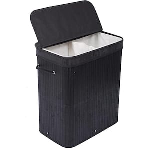 Black Bamboo Double Laundry Hamper with Lid and Cloth Liner