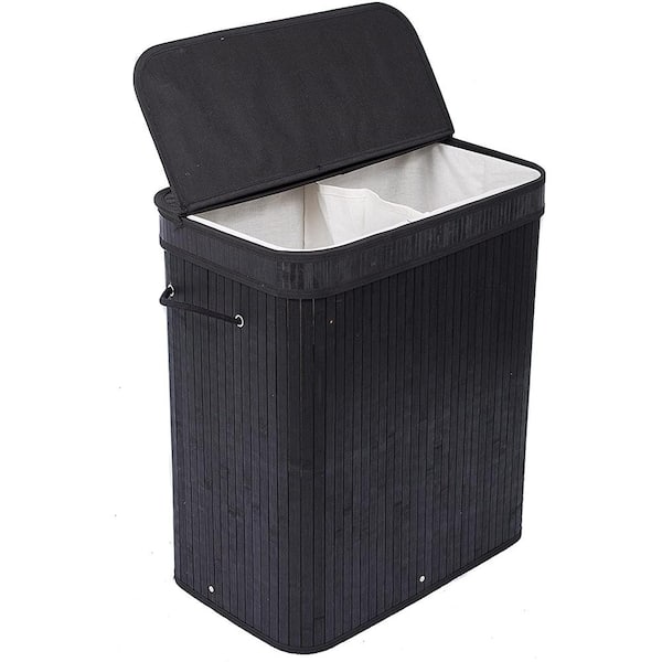 BirdRock Home Black Bamboo Double Laundry Hamper with Lid and Cloth Liner