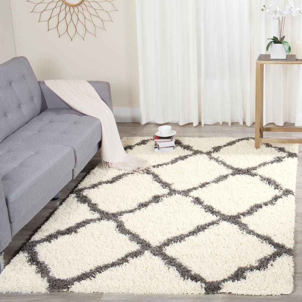 Ivory & Dark Grey Geometric Shag Square Rug, Easy Care Synthetic 6'x6'