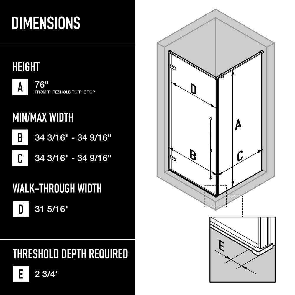Meridian 34" Matte Black Framed Hinged Shower Enclosure