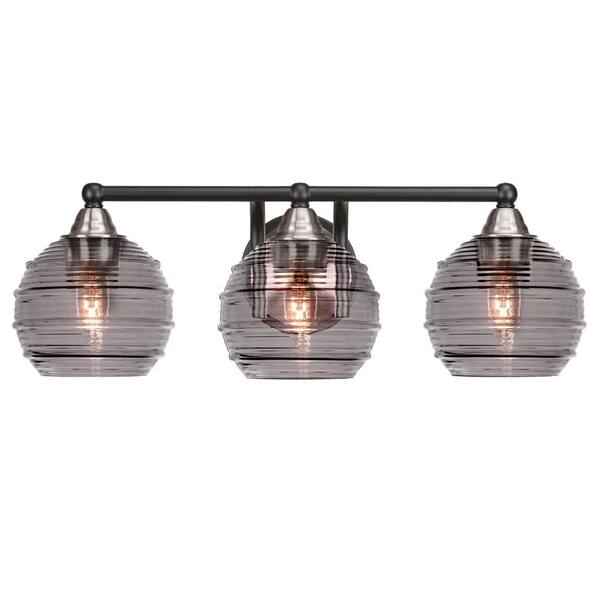 Unbranded Madison 8 in. 3-Light Bath Bar, Matte Black and Brushed Nickel, Smoke Ribbed Glass Vanity Light