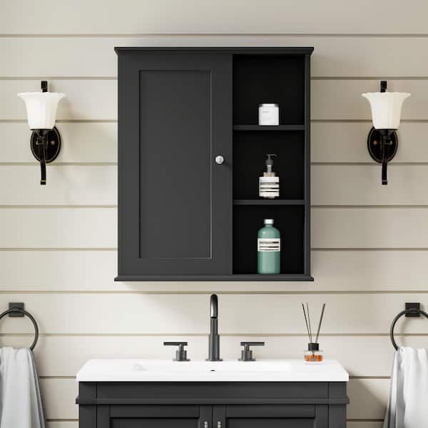 23.6 in. W x 7 in. D x 27.6 in. H Bathroom Storage Wall Cabinet in Black with 3-Tier Open Shelves