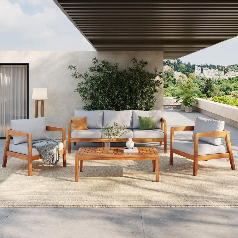 Aurora Outdoor Teak Finish 4-Piece Acacia Wood Patio Conversation Set with Light Grey Cushions and Rectangle Table price history on PriceWatchPro