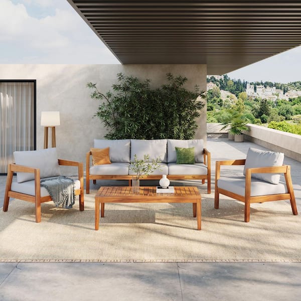 Aurora Outdoor Teak Finish 4-Piece Acacia Wood Patio Conversation Set with Light Grey Cushions and Rectangle Table