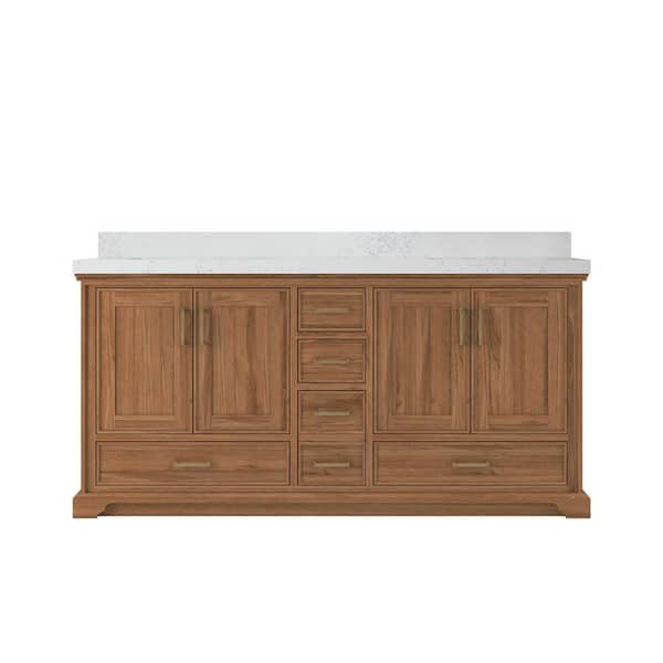 Willow Collections Charlotte Teak 72 in. W x 22 in. D x 36 in. H Double Sink Bath Vanity in Dark Natural with 2 in. Carrara Quartz Top