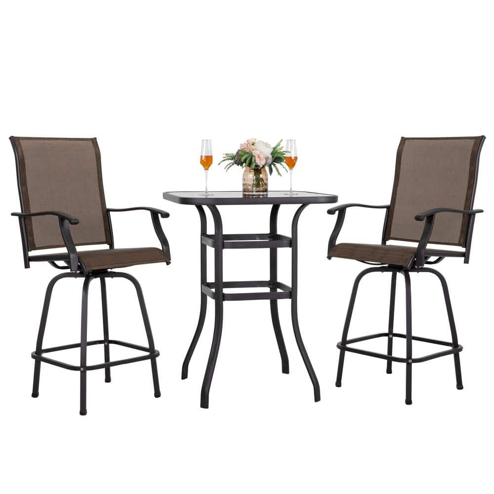 3-Piece Black Steel Frame Outdoor Patio Bar Set with Brown High Swivel Bistro Chairs -  Nuu Garden, SID005-01A