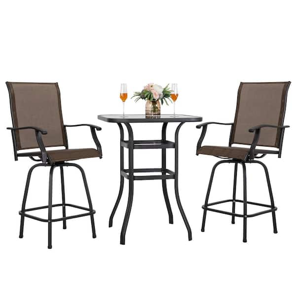 Nuu Garden 3-Piece Black Steel Frame Outdoor Patio Bar Set with Brown High Swivel Bistro Chairs