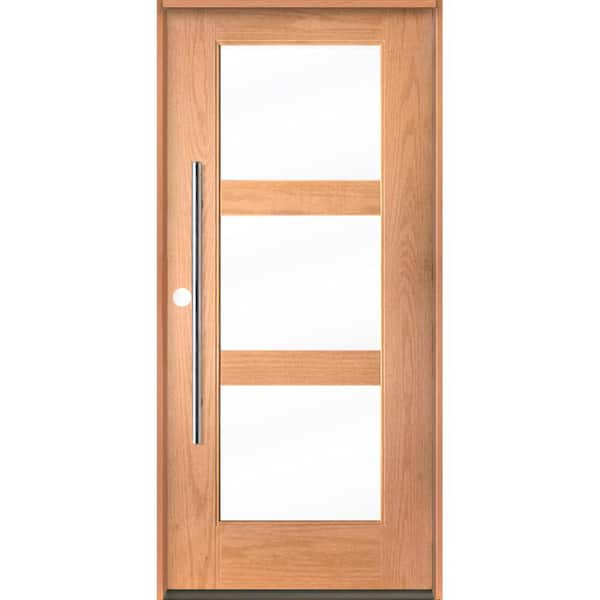 Krosswood Doors Modern Faux Pivot 36 in. x 80 in. 3-Lite Right-Hand/Inswing Clear Glass Teak Stain Fiberglass Prehung Front Door