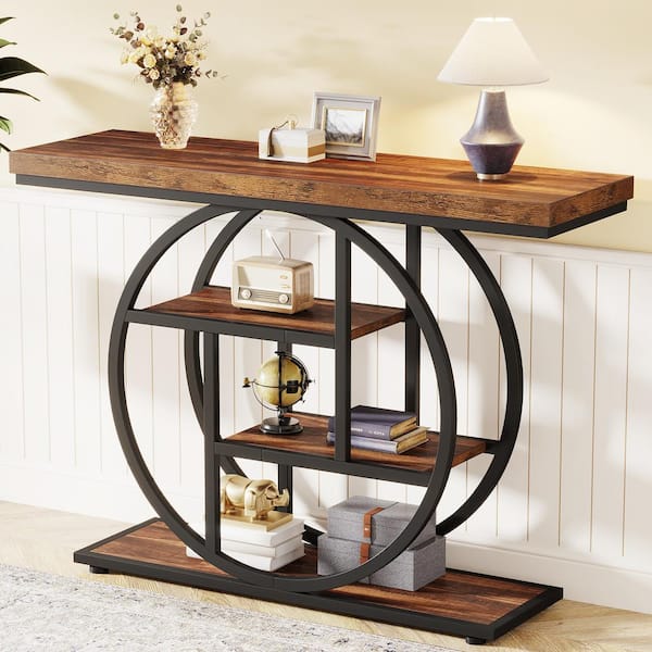 BYBLIGHT Turrella 41.3 in. Brown Rectangle Wood Console Table, Industrial 4-Tier Sofa Table Entryway Table with Circle Base
