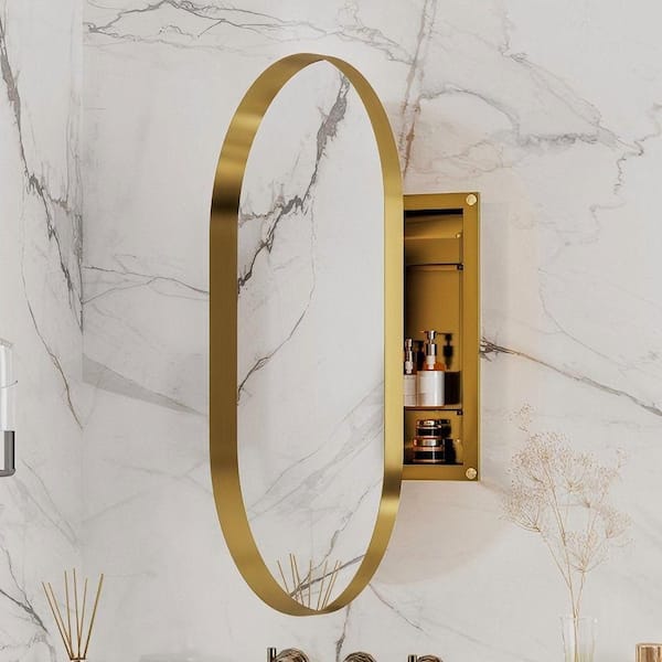 20 in. W x 34 in. H Oval Aluminum Medicine Cabinet with Mirror in Gold