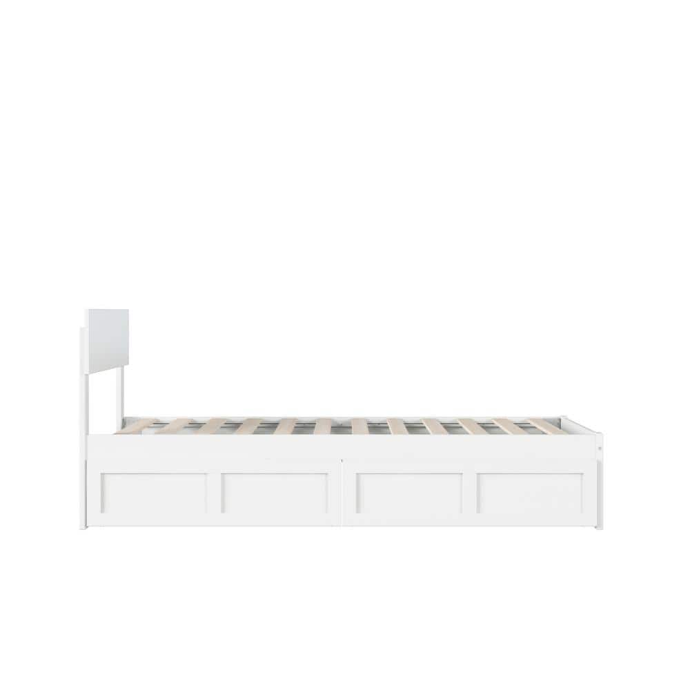 White Twin Wood Platform Bed with Storage Drawers and Upholstered Headboard