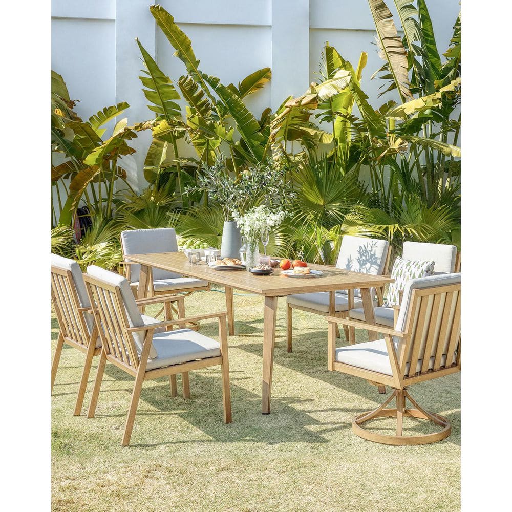 Light Brown Wood 7-Piece Aluminum Outdoor Dining Set with 2-Swivel Dining Chairs, Rectangular Table and Beige Cushions