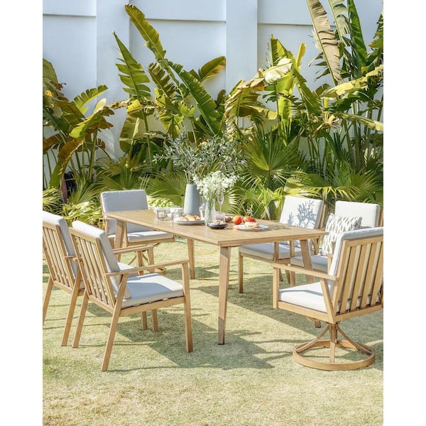 Light Brown Wood 7-Piece Aluminum Outdoor Dining Set with 2-Swivel Dining Chairs, Rectangular Table and Beige Cushions