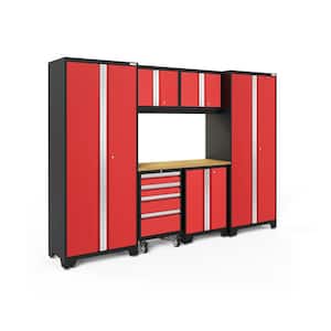 Bold Series 108 in. W x 76.75 in. H x 18 in. D Steel Cabinet Set in Red ( 7- Piece ) with 600 sqft Flooring Bundle