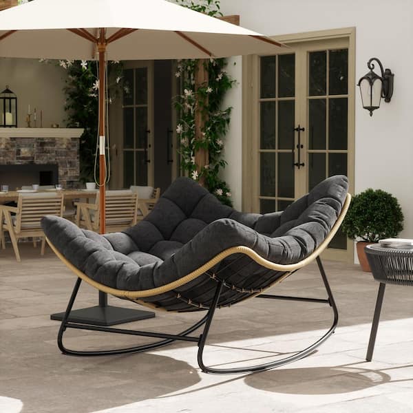 Poteban 1-Piece Metal And Wicker Outdoor Rocking Recliner with Dark Gray Cushion