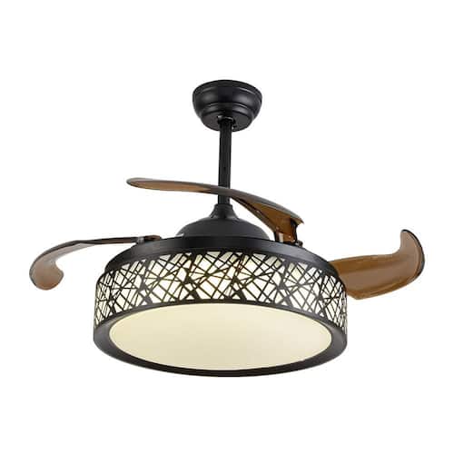 42 in. Modern Indoor Integrated LED Retractable Blades Black Ceiling Fan with Remote Control Ceiling Fans With Lights